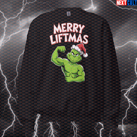 Funny Merry Liftmas Grinch Gym Sweatshirt | Christmas Workout Sweater For Lifters | Festive Pump Cover Pullover Bodybuilding Christmas Films Fitness Gym Powerlifting Pump Cover Workout Next Cult Brand