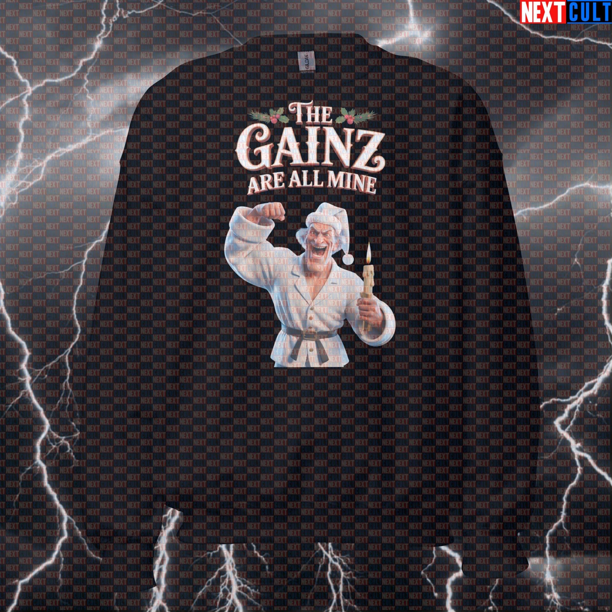 Funny Gym Carol Christmas Sweatshirt | The Gainz Are All Mine Workout Sweater | Ebenezer Scrooge Pump Cover Bodybuilding Christmas Films Fitness Gym Pump Cover Workout Next Cult Brand