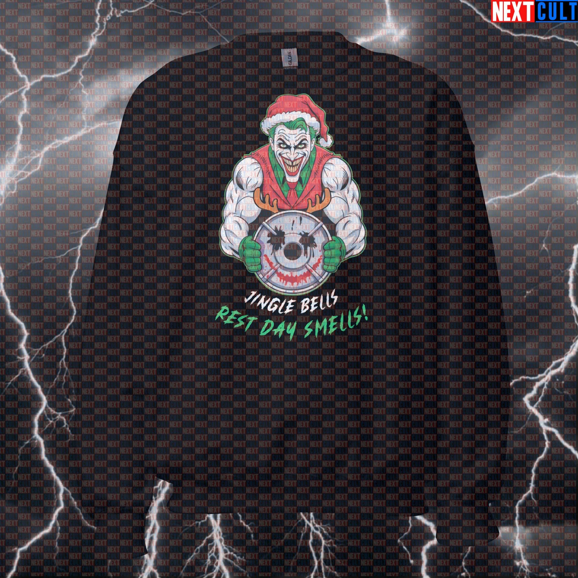Funny Christmas Gym Sweatshirt | Jacked Joker Pump Cover Sweater | Jingle Bells Rest Day Smells Pullover Bodybuilding Christmas Films Fitness Gym Joker Powerlifting Pump Cover Superheroes Workout Next Cult Brand