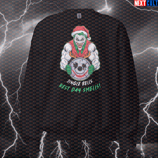 Funny Christmas Gym Sweatshirt | Jacked Joker Pump Cover Sweater | Jingle Bells Rest Day Smells Pullover Bodybuilding Christmas Films Fitness Gym Joker Powerlifting Pump Cover Superheroes Workout Next Cult Brand