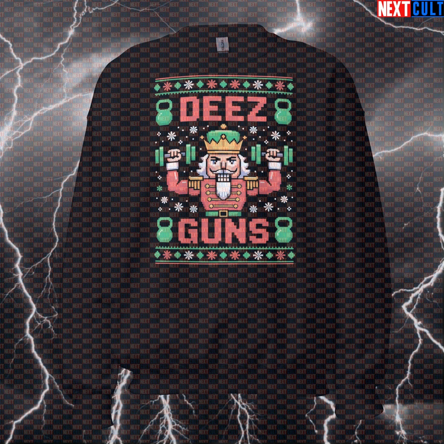 Deez Guns Nutcracker Funny Gym Sweatshirt | Christmas Bodybuilding Meme Sweater | Festive Pump Cover Bodybuilding Christmas Fitness Gym Kettlebell Pump Cover Workout Next Cult Brand