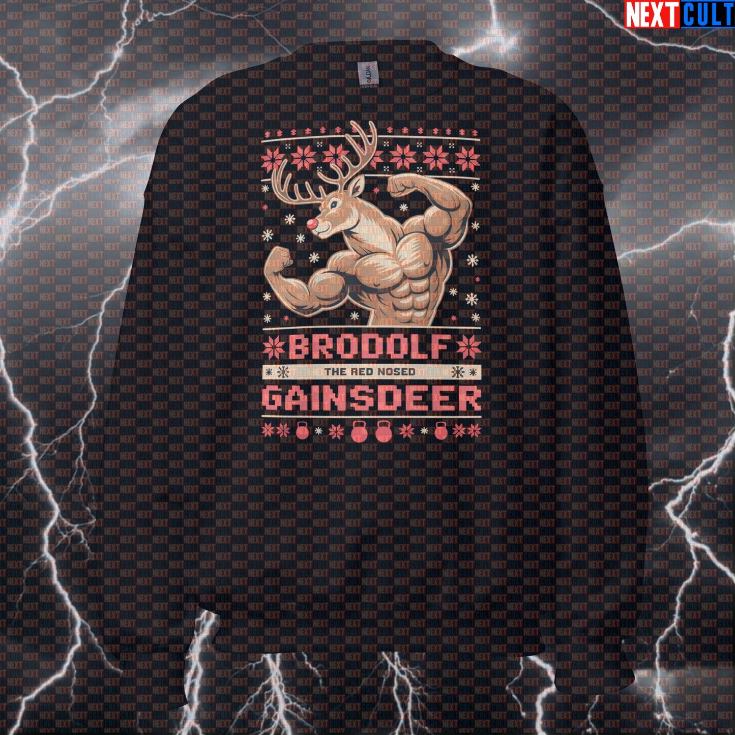 Brodolf The Red-Nosed Gainsdeer Funny Gym Sweatshirt | Christmas Workout Meme Sweater | Pump Cover Pullover Bodybuilding Christmas Fitness Gym Pump Cover Workout Next Cult Brand