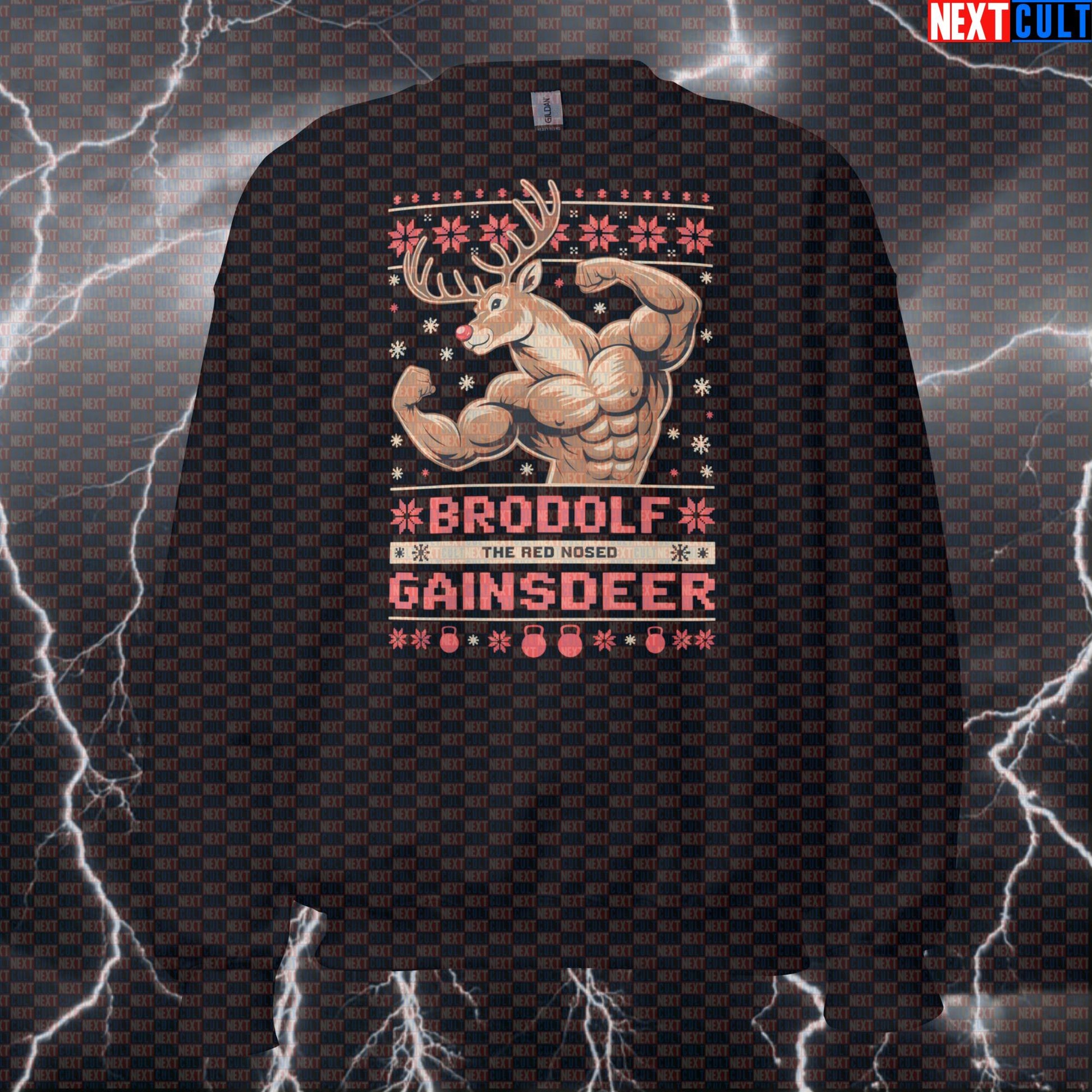 Brodolf The Red-Nosed Gainsdeer Funny Gym Sweatshirt | Christmas Workout Meme Sweater | Pump Cover Pullover Bodybuilding Christmas Fitness Gym Pump Cover Workout Next Cult Brand