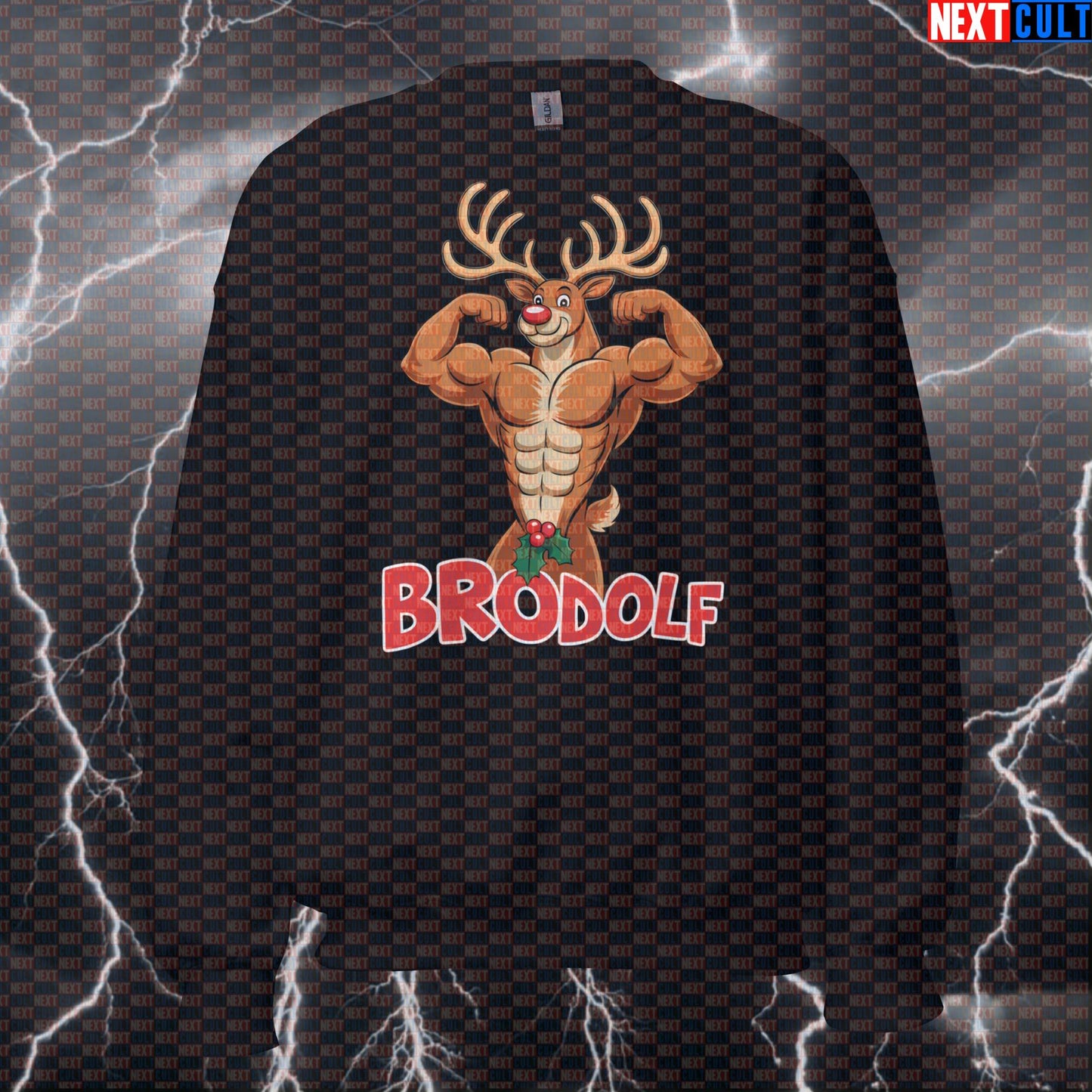 Brodolf The Red-Nosed Gainsdeer Funny Gym Sweatshirt | Christmas Workout Sweater For Lifters & Gym Bros Sweatshirts Bodybuilding Christmas Fitness Gym Pump Cover Workout Next Cult Brand