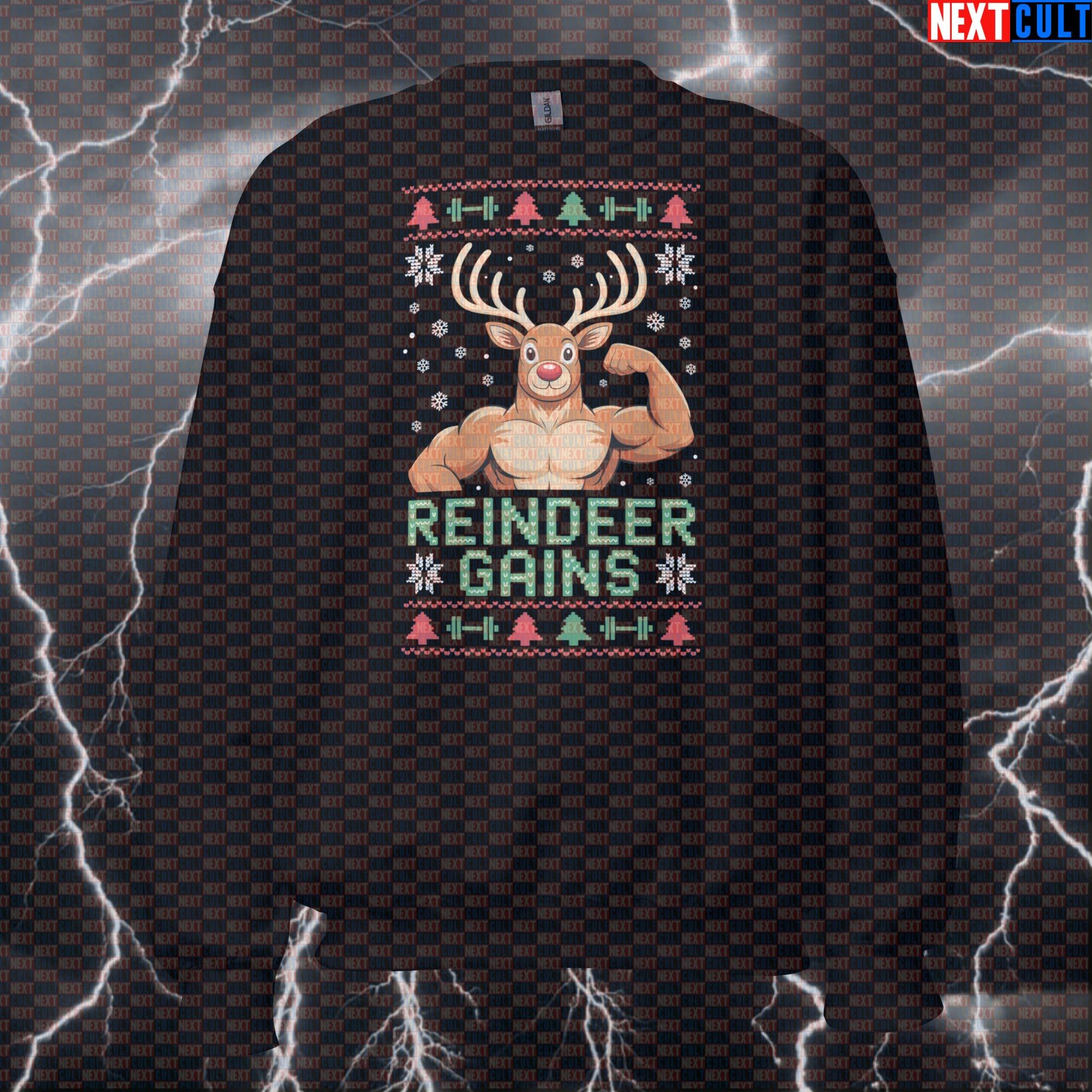 Reindeer Gains Funny Christmas Gym Sweatshirt - Festive Fitmas Workout Jumper Pullover Pump Cover Sweatshirts Bodybuilding Christmas Fitness Gym Pump Cover Workout Next Cult Brand