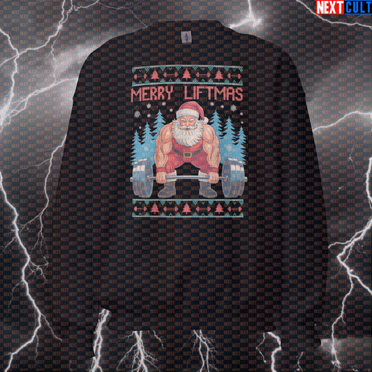 Merry Liftmas Funny Gym Sweatshirt | Swole Santa Claus Fitness Meme Sweater | Christmas Workout Pullover Sweatshirts Bodybuilding Christmas Fitness Gym Leg Day Powerlifting Pump Cover Workout Next Cult Brand