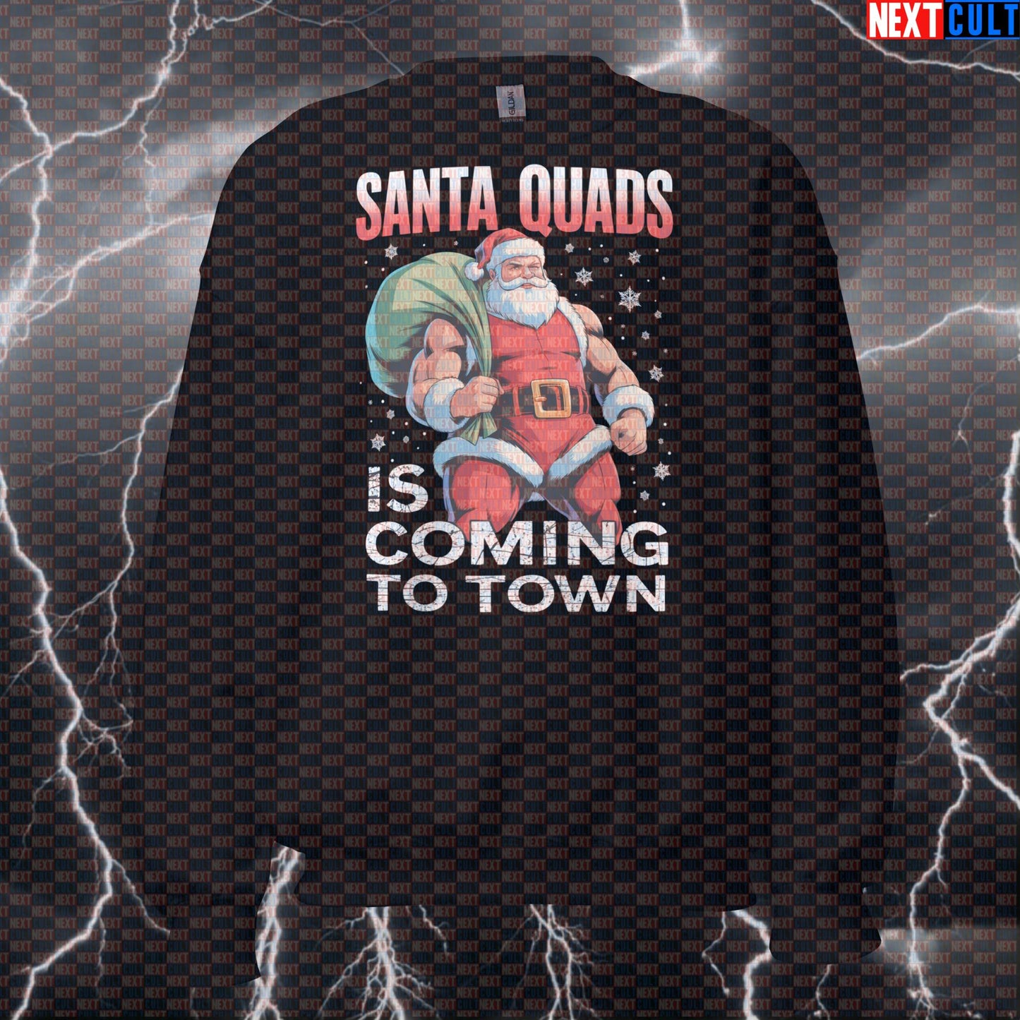 Santa Quads Is Coming To Town Funny Gym Sweatshirt | Fitmas Leg Day Workout Sweater & Pump Cover Sweatshirts Bodybuilding Christmas Fitness Gym Leg Day Powerlifting Pump Cover Workout Next Cult Brand