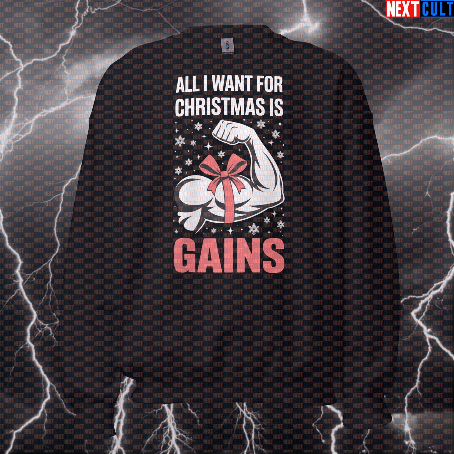All I Want For Christmas Is Gains Funny Gym Sweatshirt | Festive Fitmas Workout Sweater & Pump Cover Sweatshirts Bodybuilding Christmas Fitness Gym Powerlifting Pump Cover Workout Next Cult Brand