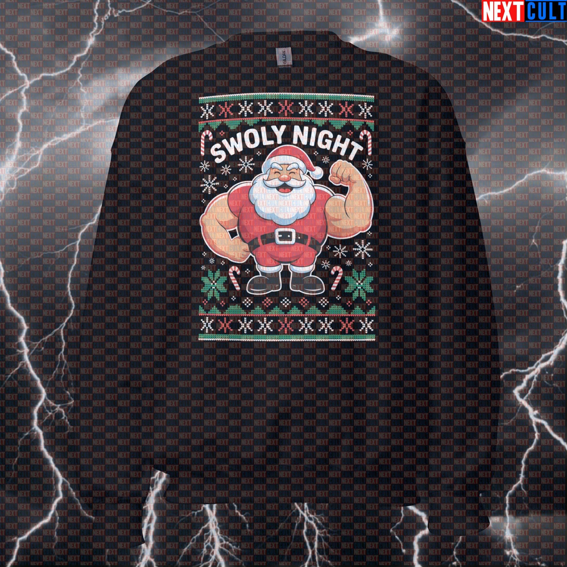 Swoly Night Funny Christmas Gym Sweatshirt | Festive Liftmas Workout Sweater For Gym Bros | Holiday Pump Cover Sweatshirts Bodybuilding Christmas Fitness Gym Pump Cover Workout Next Cult Brand