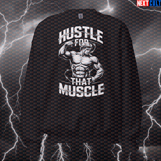 Funny Hustle For That Muscle Gym Sweatshirt | Greek God Meme Workout Sweater | Protein Powered Pullover Ancient Greece Bodybuilding Fitness Gym Pump Cover Workout Next Cult Brand