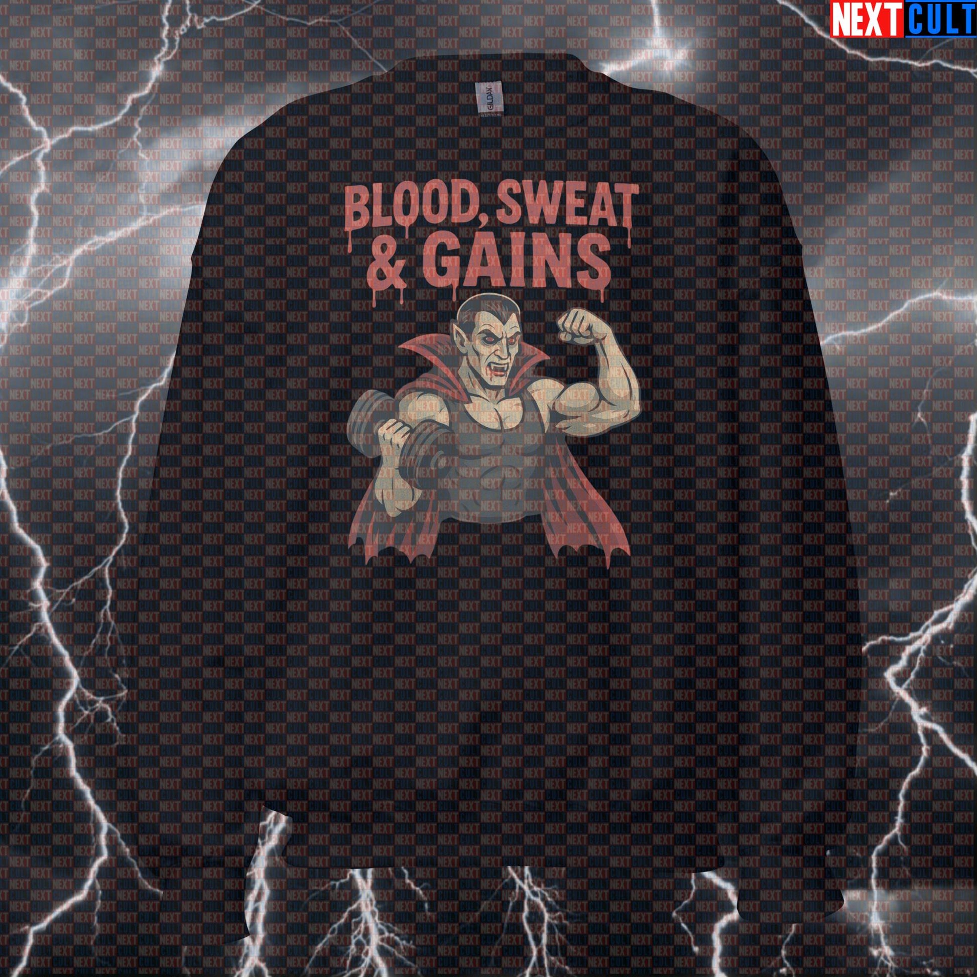 Blood Sweat & Gains Dracula Gym Sweatshirt | Vampire Workout Jumper Pump Cover Sweatshirts Bodybuilding Films Fitness Gym Halloween Pump Cover Workout Next Cult Brand