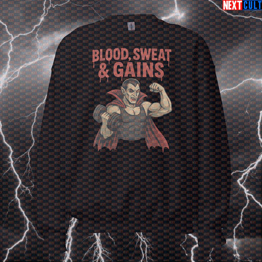Blood Sweat & Gains Dracula Gym Sweatshirt | Vampire Workout Jumper Pump Cover Sweatshirts Bodybuilding Films Fitness Gym Halloween Pump Cover Workout Next Cult Brand