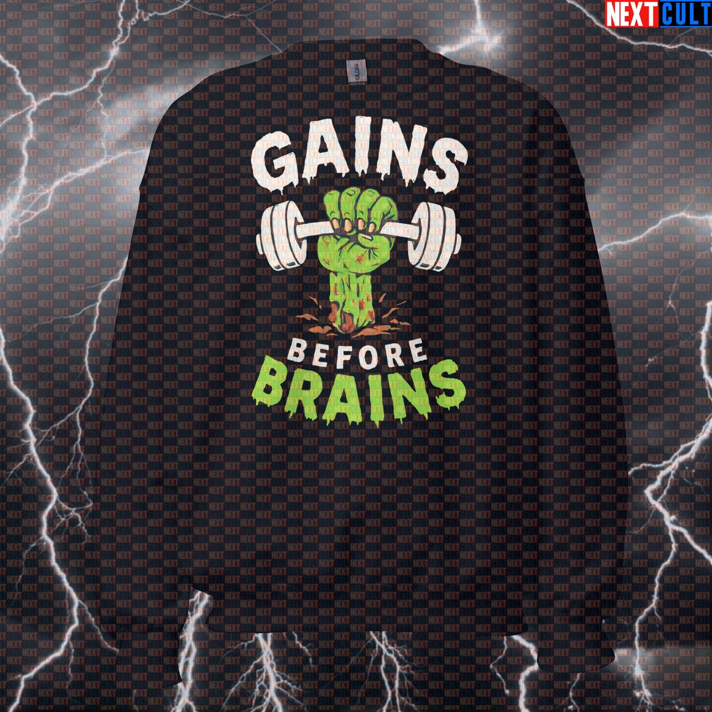 Gains Before Brains Gym Sweatshirt | Zombie Fitness Meme Pullover | Funny Halloween Workout Jumper Sweatshirts Bodybuilding Fitness Gym Halloween Pump Cover Workout Zombie Next Cult Brand