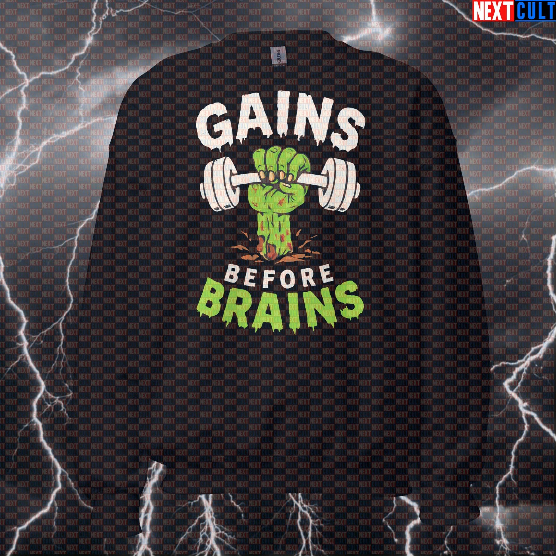 Gains Before Brains Gym Sweatshirt | Zombie Fitness Meme Pullover | Funny Halloween Workout Jumper Sweatshirts Bodybuilding Fitness Gym Halloween Pump Cover Workout Zombie Next Cult Brand