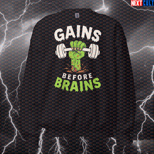 Gains Before Brains Gym Sweatshirt | Zombie Fitness Meme Pullover | Funny Halloween Workout Jumper Sweatshirts Bodybuilding Fitness Gym Halloween Pump Cover Workout Zombie Next Cult Brand
