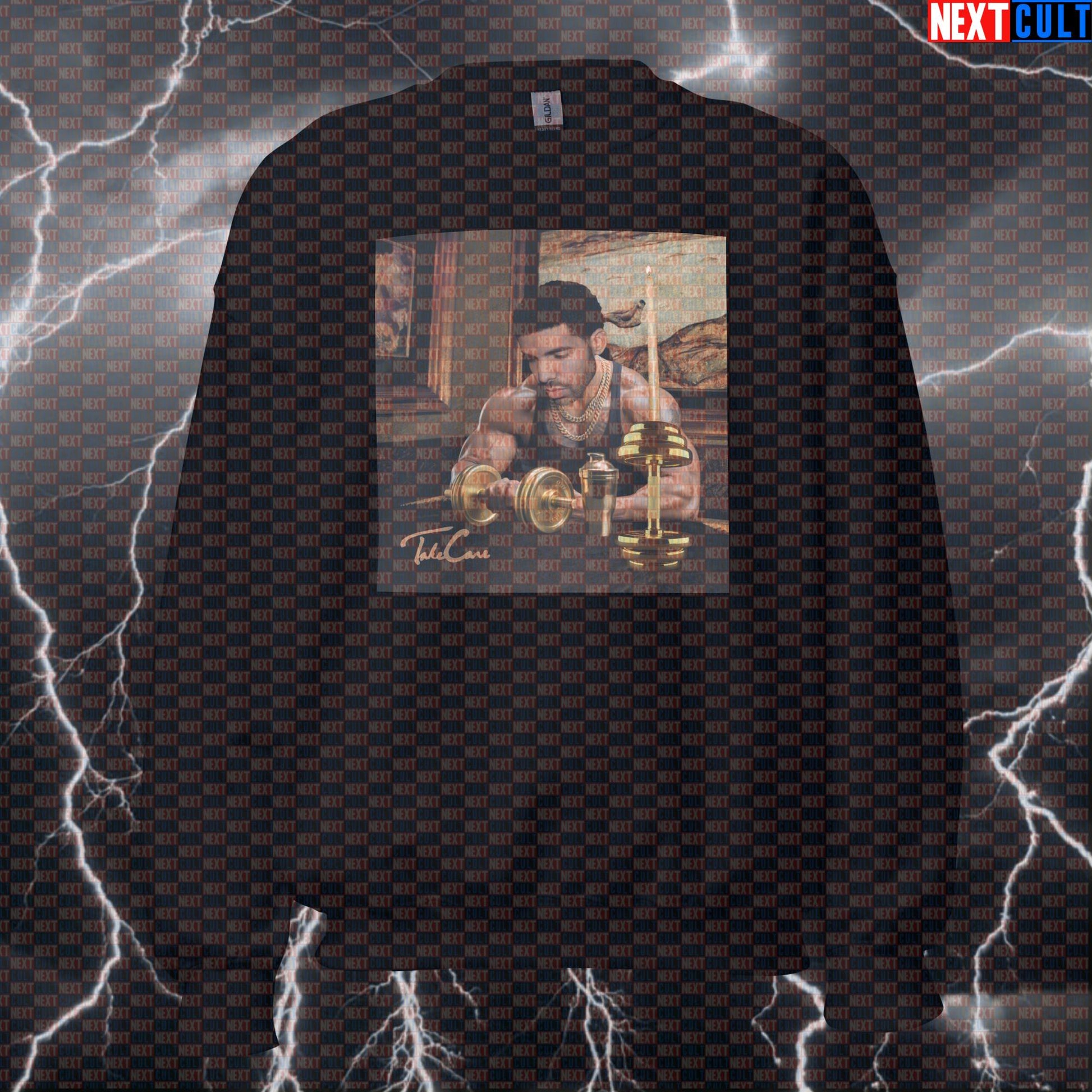 Swole Drake Take Care Album Parody Sweatshirt | Funny Gym Meme Pullover | Rap Music Crewneck Sweatshirts Bodybuilding Drake Fitness Gym Hip Hop Powerlifting Pump Cover Workout Next Cult Brand