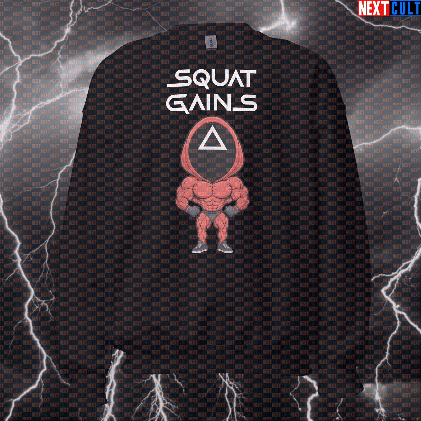 Funny Squat Game Gym Sweatshirt | Squid Game Parody Workout Sweater For Leg Day | Squat Gains Pullover Bodybuilding Fitness Gym Leg Day Powerlifting Pump Cover TV Workout Next Cult Brand