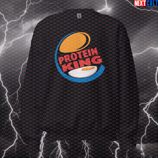 Funny Protein King Gym Sweatshirt | Burger King Parody Workout Sweater | Easter Egg Meme Pullover Bodybuilding Easter Fast Food Fitness Gym Pump Cover Workout Next Cult Brand