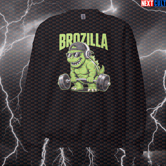 Brozilla Funny Gym Sweatshirt | Godzilla Gym Meme Workout Sweater For Lifters | Monster Gains Pullover Bodybuilding Fitness Gym Leg Day Powerlifting Pump Cover Workout Next Cult Brand