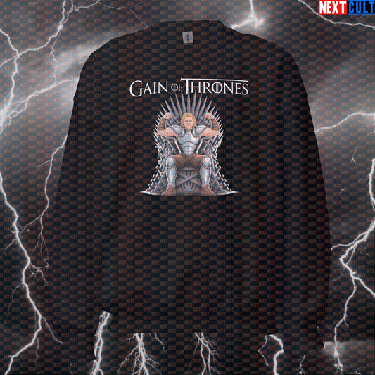 Gain Of Thrones Funny Gym Sweatshirt | Game of Thrones Workout Sweater For Lifters | Fitness Meme Pullover Bodybuilding Fitness Game of Thrones Gym Pump Cover TV Workout Next Cult Brand