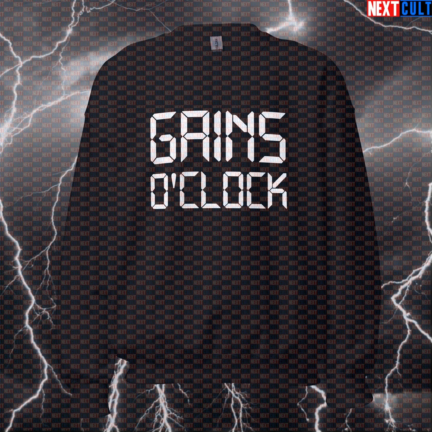 Gains O'Clock Funny Gym Sweatshirt | Workout Sweater For Lifters & Gym Bros | Fitness Meme Pullover Top Bodybuilding Fitness Gym Pump Cover Workout Next Cult Brand