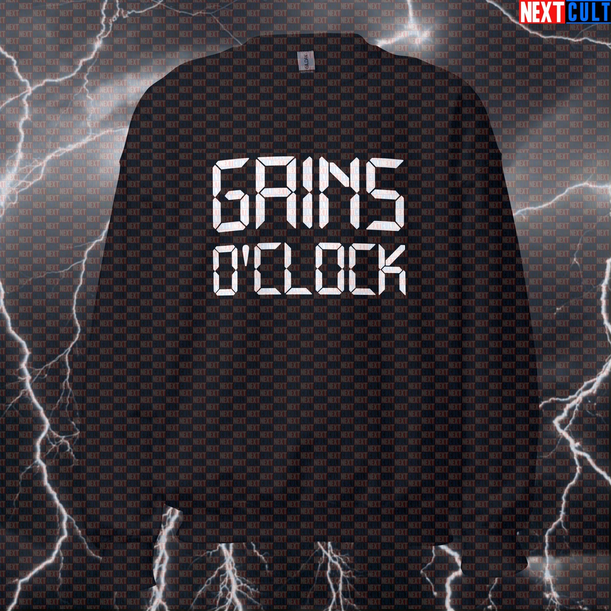 Gains O'Clock Funny Gym Sweatshirt | Workout Sweater For Lifters & Gym Bros | Fitness Meme Pullover Top Bodybuilding Fitness Gym Pump Cover Workout Next Cult Brand