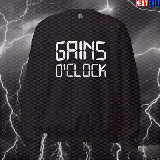 Gains O'Clock Funny Gym Sweatshirt | Workout Sweater For Lifters & Gym Bros | Fitness Meme Pullover Top Bodybuilding Fitness Gym Pump Cover Workout Next Cult Brand
