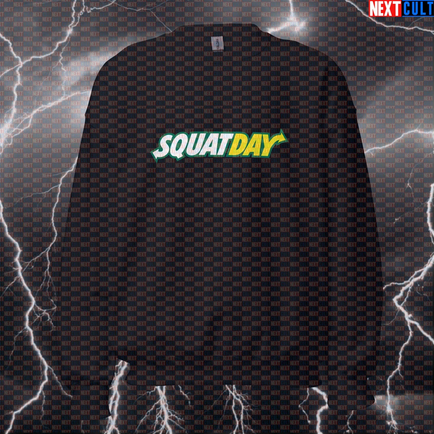 Funny SquatDay Essential Gym Sweatshirt | Subway Sandwich Leg Day Meme Sweater | Workout Pump Cover Pullover Bodybuilding Fast Food Fitness Gym Leg Day Powerlifting Pump Cover Workout Next Cult Brand