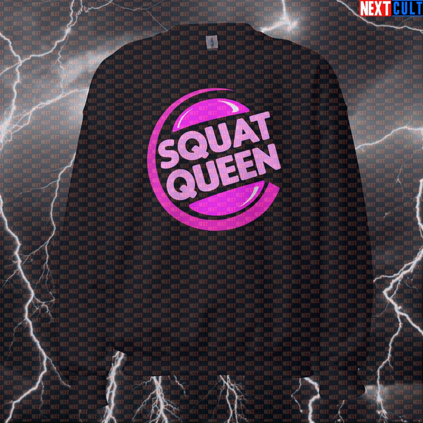 Funny Squat Queen Gym Sweatshirt | Burger King Parody Workout Sweater | Leg Day Pump Cover Top Bodybuilding Fast Food Fitness Gym Leg Day Powerlifting Pump Cover Workout Next Cult Brand