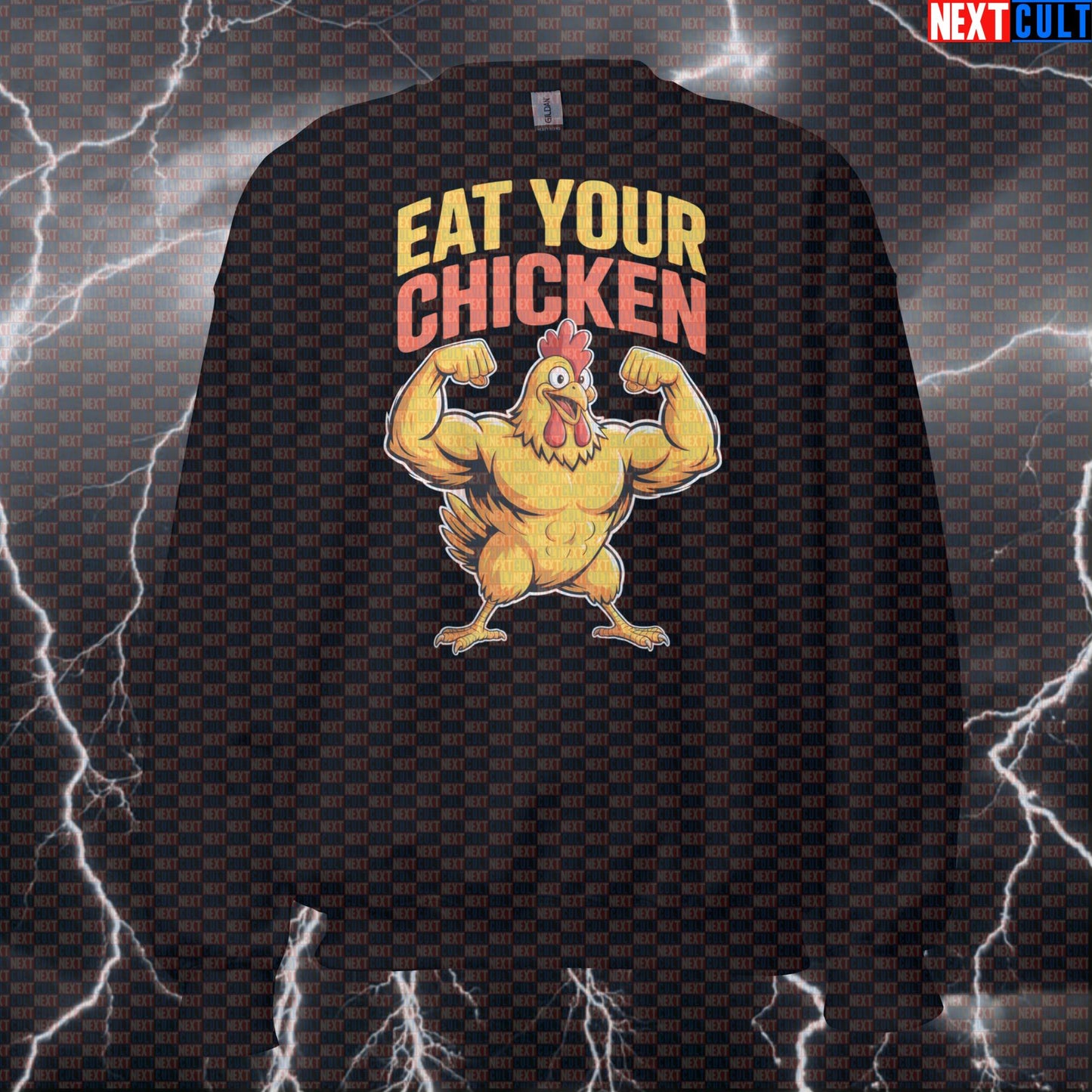 Eat Your Chicken Funny Gym Sweatshirt - Chicken Bro Meme Pullover Jumper Pump Cover For Lifters Bodybuilding Fast Food Fitness Gym Pump Cover Workout Next Cult Brand