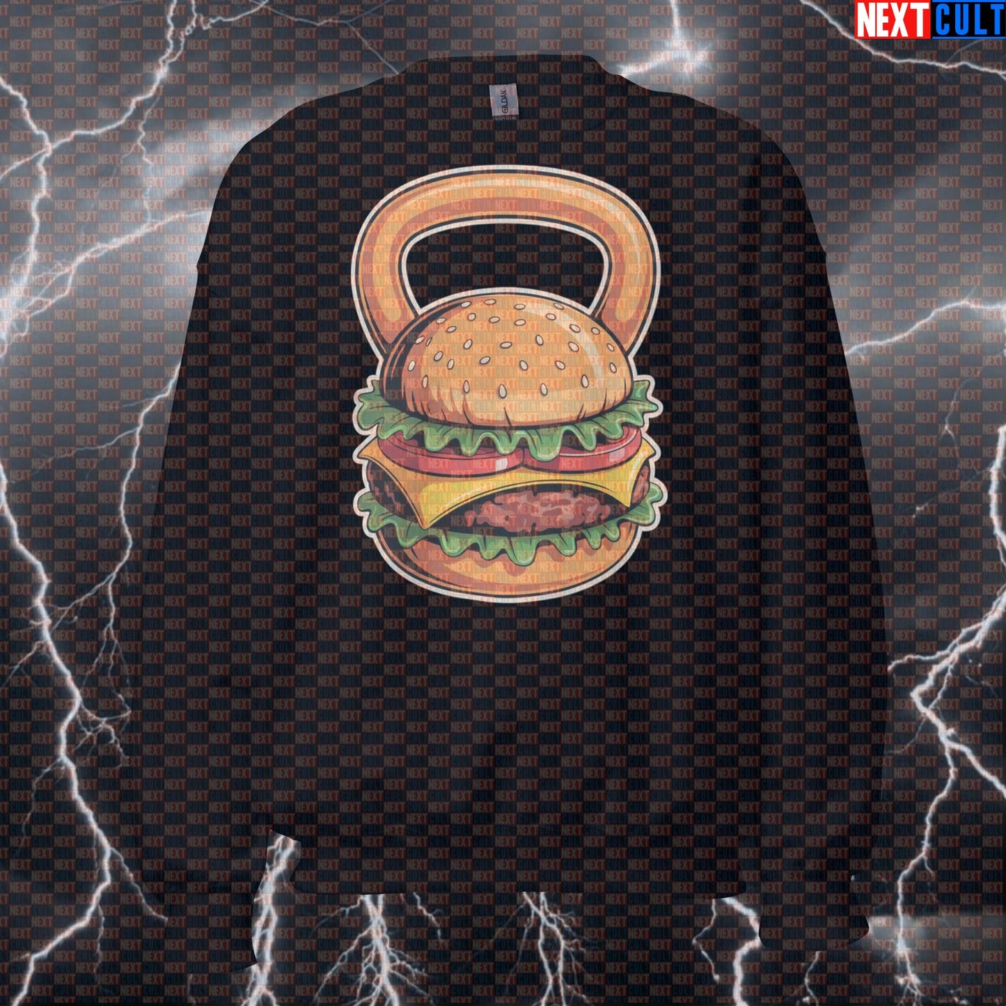 Cheeseburger Kettlebell Funny Gym Sweatshirt - Burger Swings Meme Jumper Pullover Pump Cover Bulking Fast Food Fitness Gym Kettlebell Pump Cover Workout Next Cult Brand