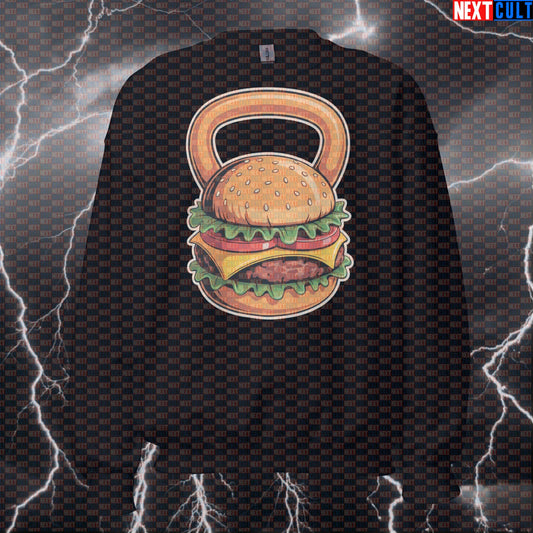 Cheeseburger Kettlebell Funny Gym Sweatshirt - Burger Swings Meme Jumper Pullover Pump Cover Bulking Fast Food Fitness Gym Kettlebell Pump Cover Workout Next Cult Brand
