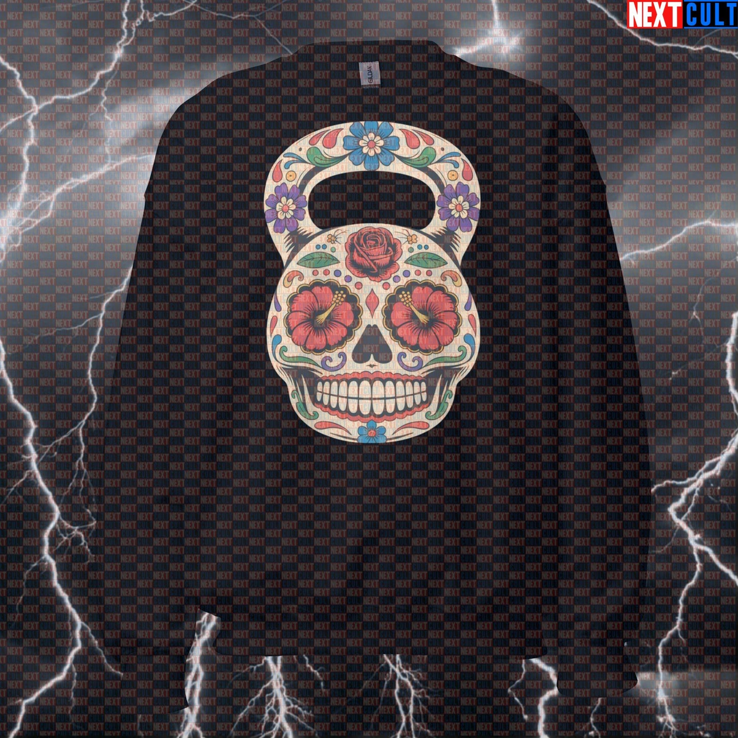 Dia De Los Muertos Kettlebell Funny Gym Sweatshirt - Day of the Dead Pump Cover Jumper Pullover Dia De Los Muertos Fitness Gym Kettlebell Pump Cover Workout Next Cult Brand