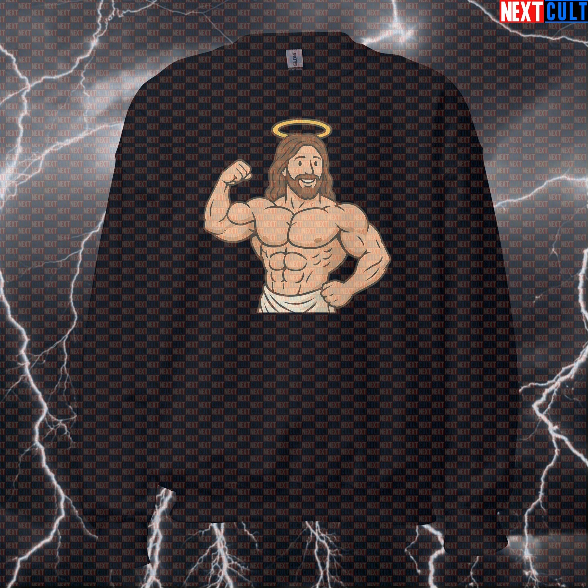 Jesus Bodybuilder Funny Gym Sweatshirt | Swoly Spirit Workout Pullover Crewneck Bodybuilding Easter Fitness Gym Jesus Pump Cover Workout Next Cult Brand