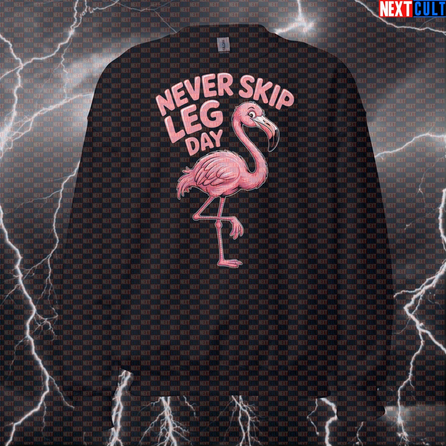 Never Skip Leg Day Flamingo Funny Gym Sweatshirt - Fitness Meme Pullover Jumper Pump Cover Sweatshirts Bodybuilding Fitness Gym Leg Day Powerlifting Pump Cover Workout Next Cult Brand