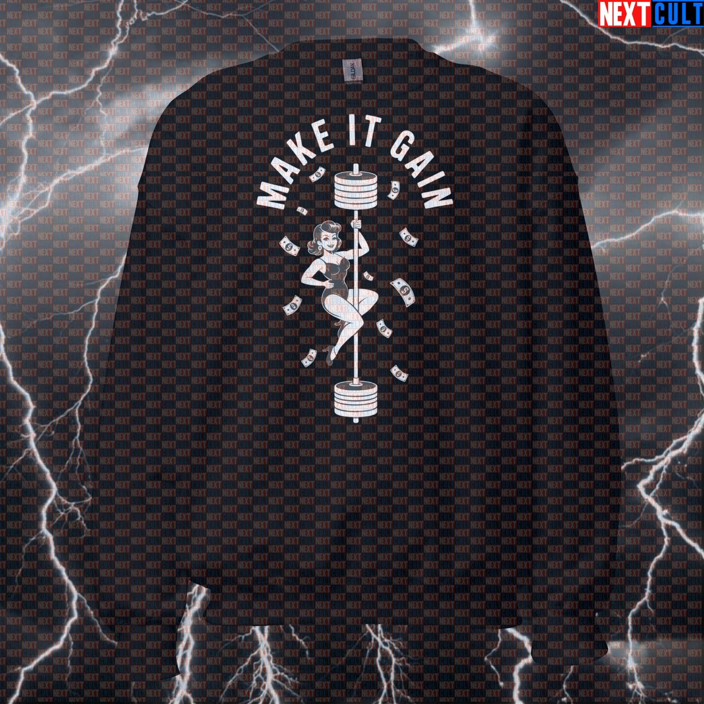 Make It Gain Funny Gym Sweatshirt - Pole Dance Meme Jumper Barbell Pump Cover Pullover Bodybuilding Fitness Gym Powerlifting Pump Cover Workout Next Cult Brand