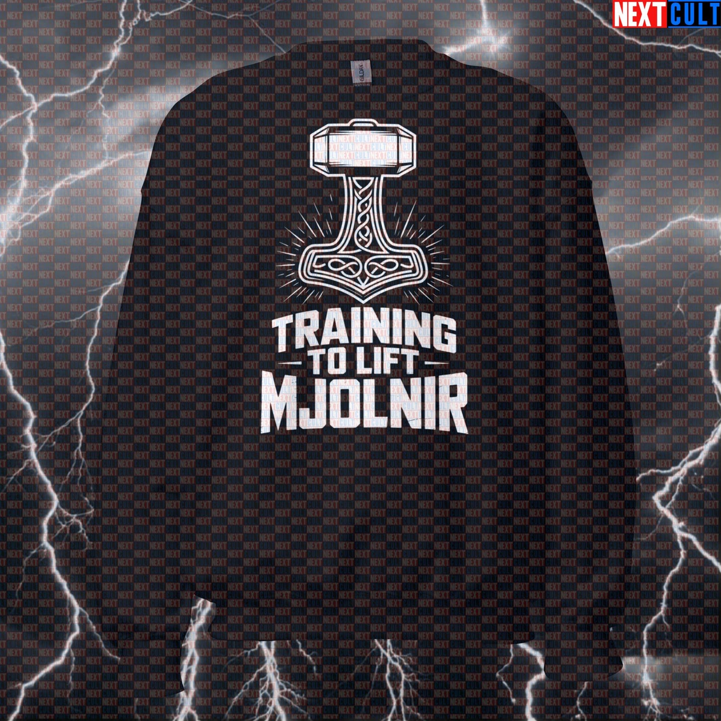 Training To Lift Mjolnir Funny Gym Sweatshirt - Viking Powerlifting Meme Jumper Pump Cover Pullover Fitness Gym Pump Cover Vikings Workout Next Cult Brand