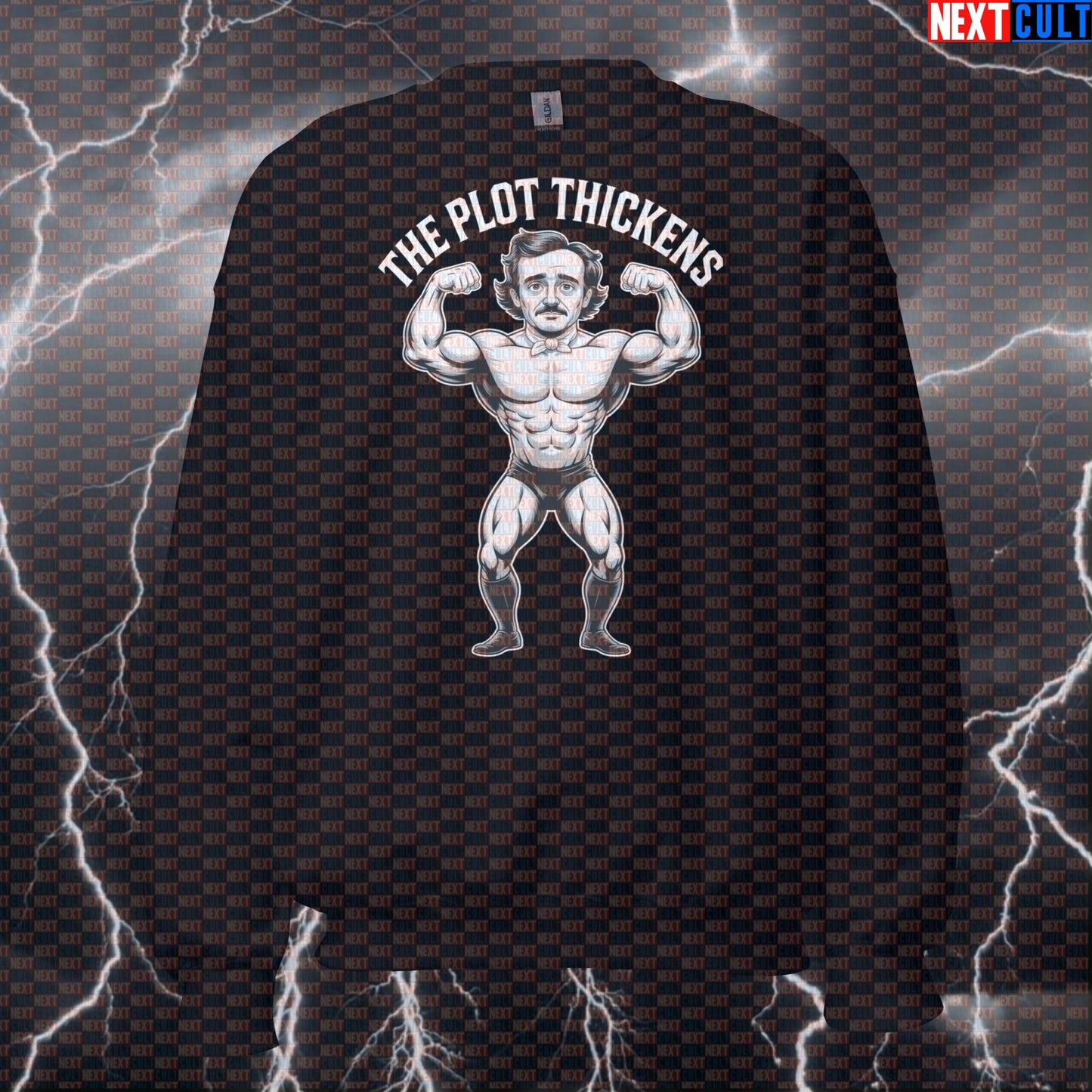 Funny Edgar Allan Poe Gym Sweatshirt - The Plot Thickens Thicc Literary Meme Pullover Pump Cover Bodybuilding Books Fitness Gym Pump Cover Workout Next Cult Brand