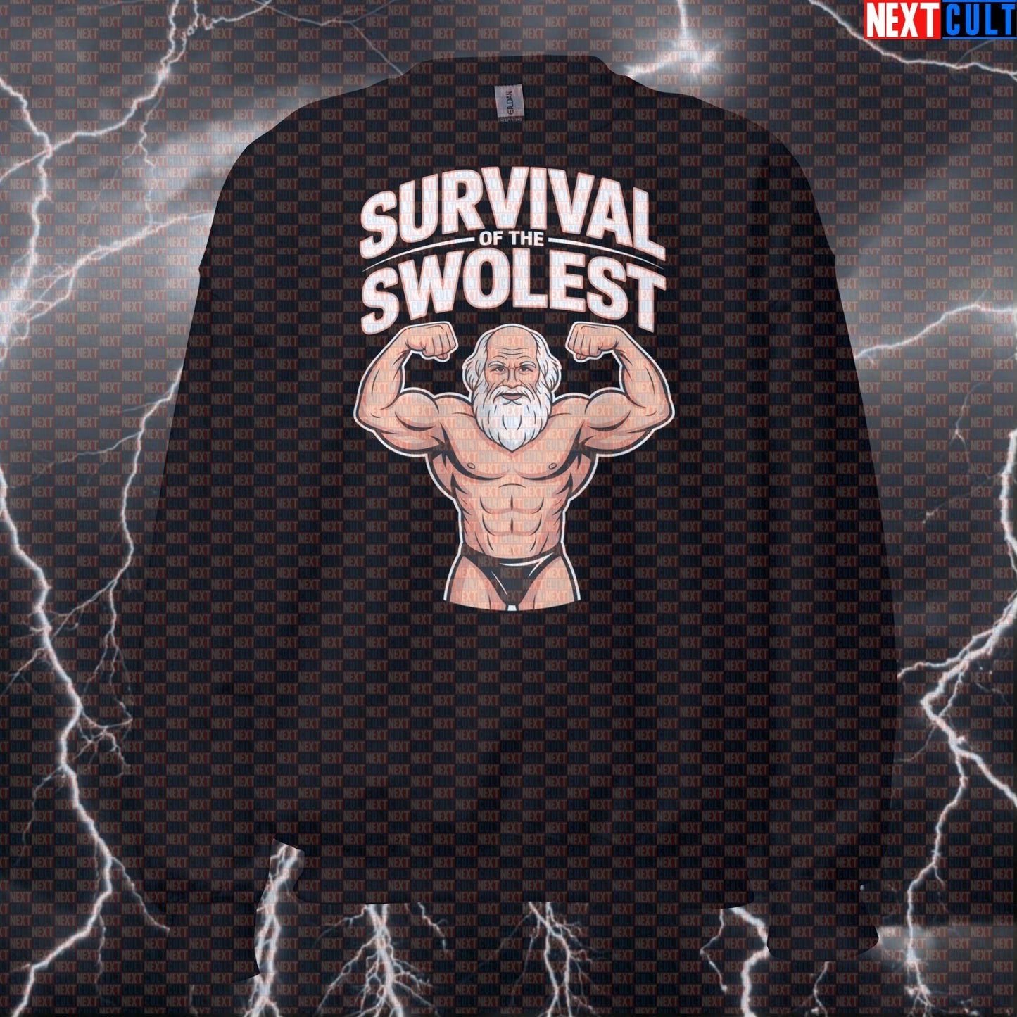 Survival of the Swolest Funny Gym Sweatshirt - Swole Darwin Evolution Pump Cover Crewneck Pullover Bodybuilding Books Fitness Gym Pump Cover Workout Next Cult Brand