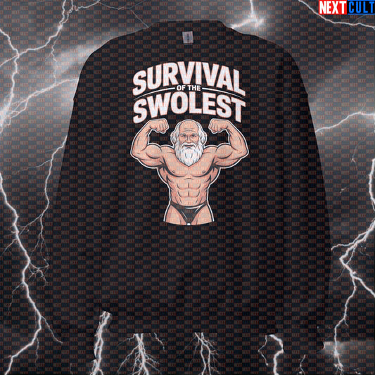 Survival of the Swolest Funny Gym Sweatshirt - Swole Darwin Evolution Pump Cover Crewneck Pullover Bodybuilding Books Fitness Gym Pump Cover Workout Next Cult Brand