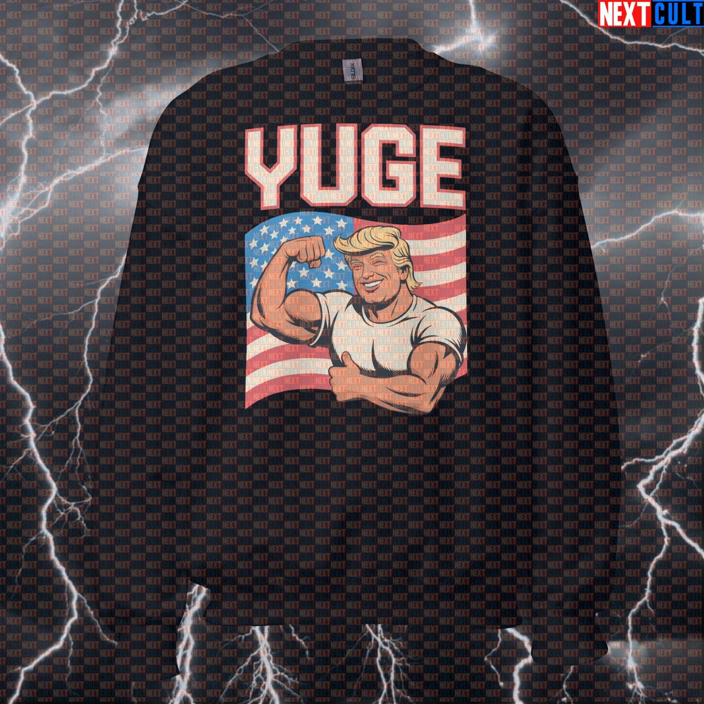 YUGE Patriotic Trump Funny Gym Sweatshirt - Make America Swole Pump Cover Pullover Jumper 4th of July Bodybuilding Donald Trump Fitness Gym Pump Cover Workout Next Cult Brand