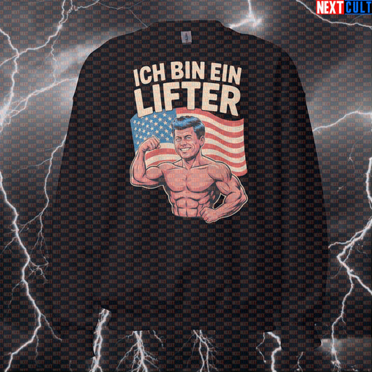 Ich Bin Ein Lifter Funny Gym Sweatshirt - Patriotic JFK Meme Jumper Pullover Pump Cover For Gains 4th of July Bodybuilding Fitness Gym JFK Powerlifting Pump Cover Workout Next Cult Brand