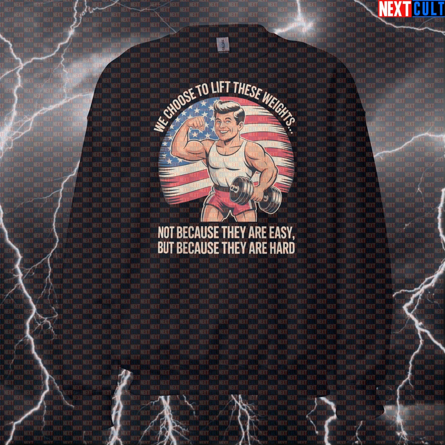 JFK We Choose To Lift Funny Gym Sweatshirt - Patriotic Workout Pump Cover Pullover Jumper 4th of July Bodybuilding Fitness Gym JFK Powerlifting Pump Cover Workout Next Cult Brand