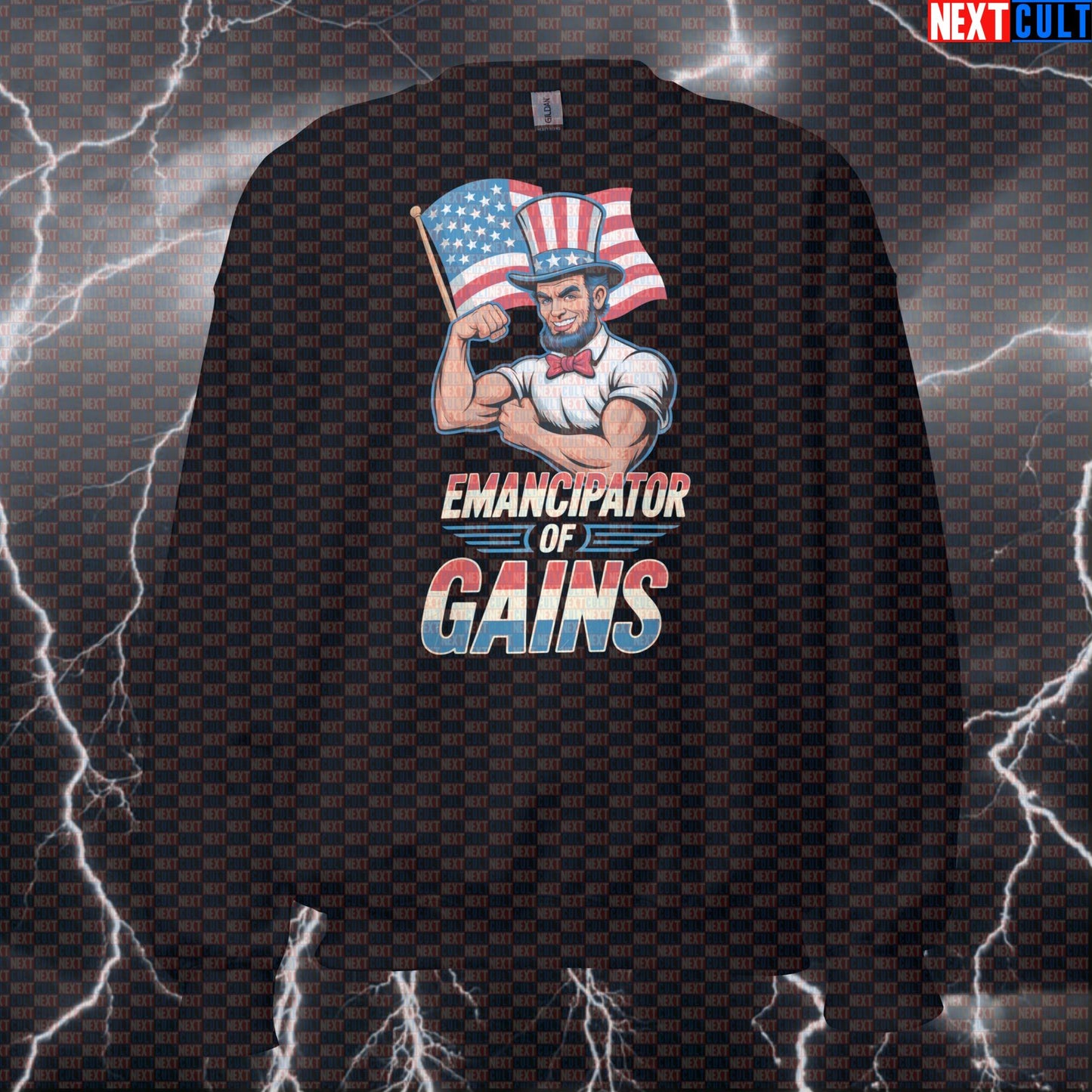 Funny Patriotic Gym Sweatshirt - Emancipator of Gains Abraham Lincoln Crewneck Pullover Pump Cover Sweatshirts Next Cult Brand