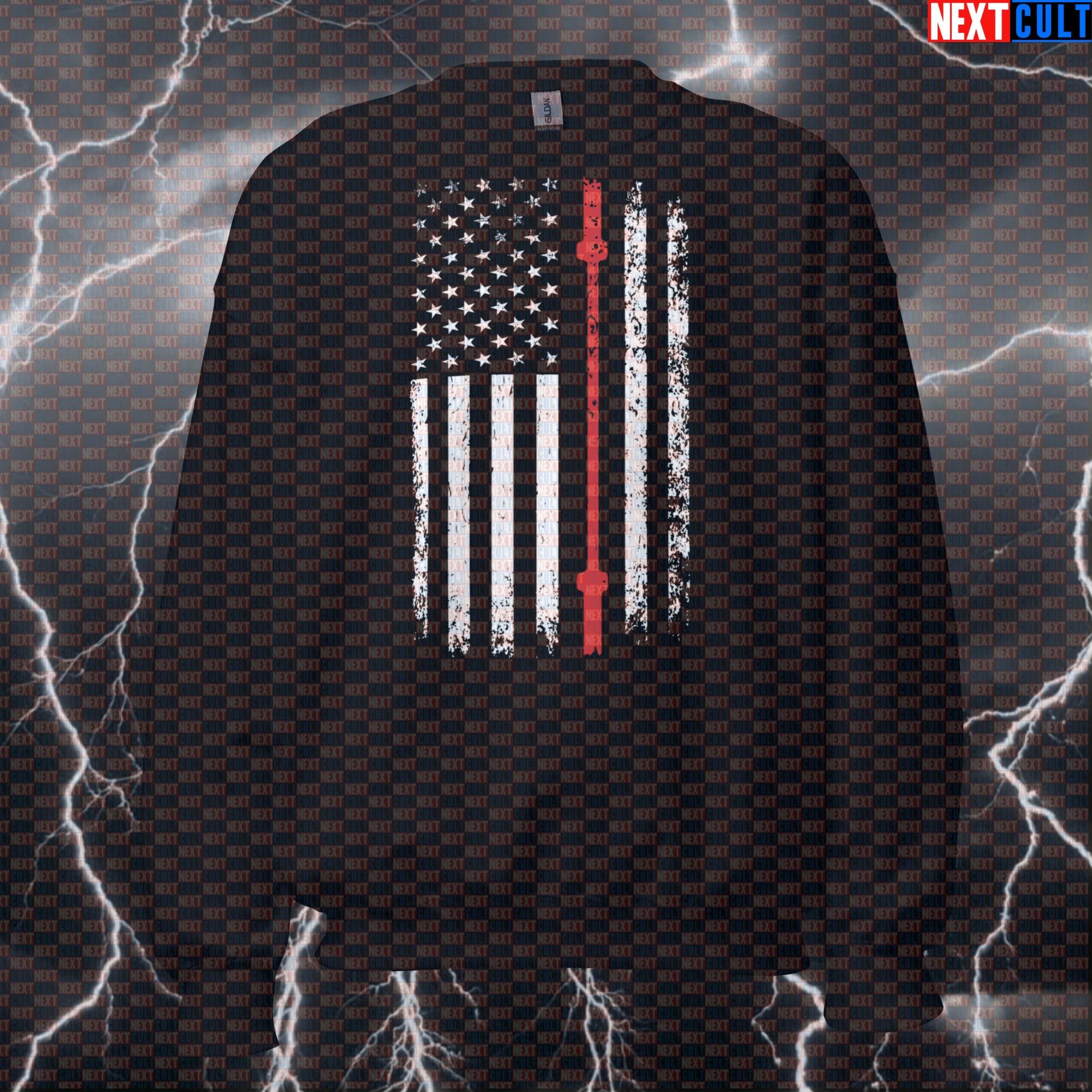 Thin Line Lifter Flag Patriotic Gym Sweatshirt | Red Barbell Firefighter Crewneck Sweatshirts 4th of July Fitness Gym Powerlifting Pump Cover Workout Next Cult Brand