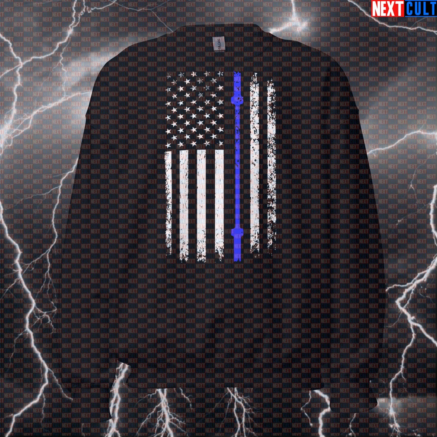 Thin Blue Line Lifting Flag Patriotic Sweatshirt | Police Honor Funny Gym Pullover & Crewneck Sweatshirts 4th of July Fitness Gym Powerlifting Pump Cover Workout Next Cult Brand