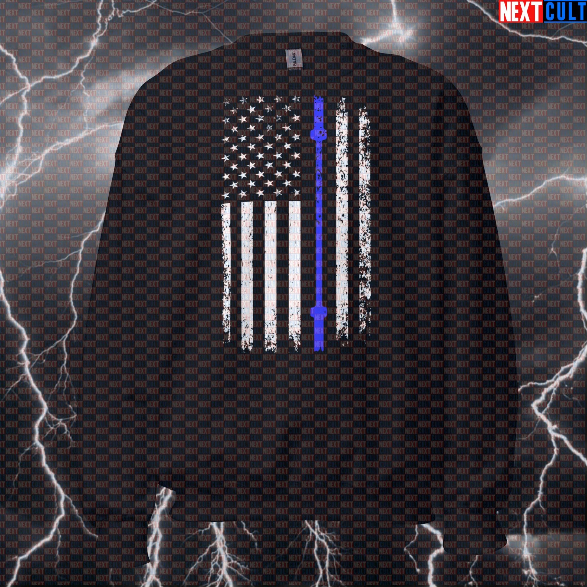 Thin Blue Line Lifting Flag Patriotic Sweatshirt | Police Honor Funny Gym Pullover & Crewneck Sweatshirts 4th of July Fitness Gym Powerlifting Pump Cover Workout Next Cult Brand