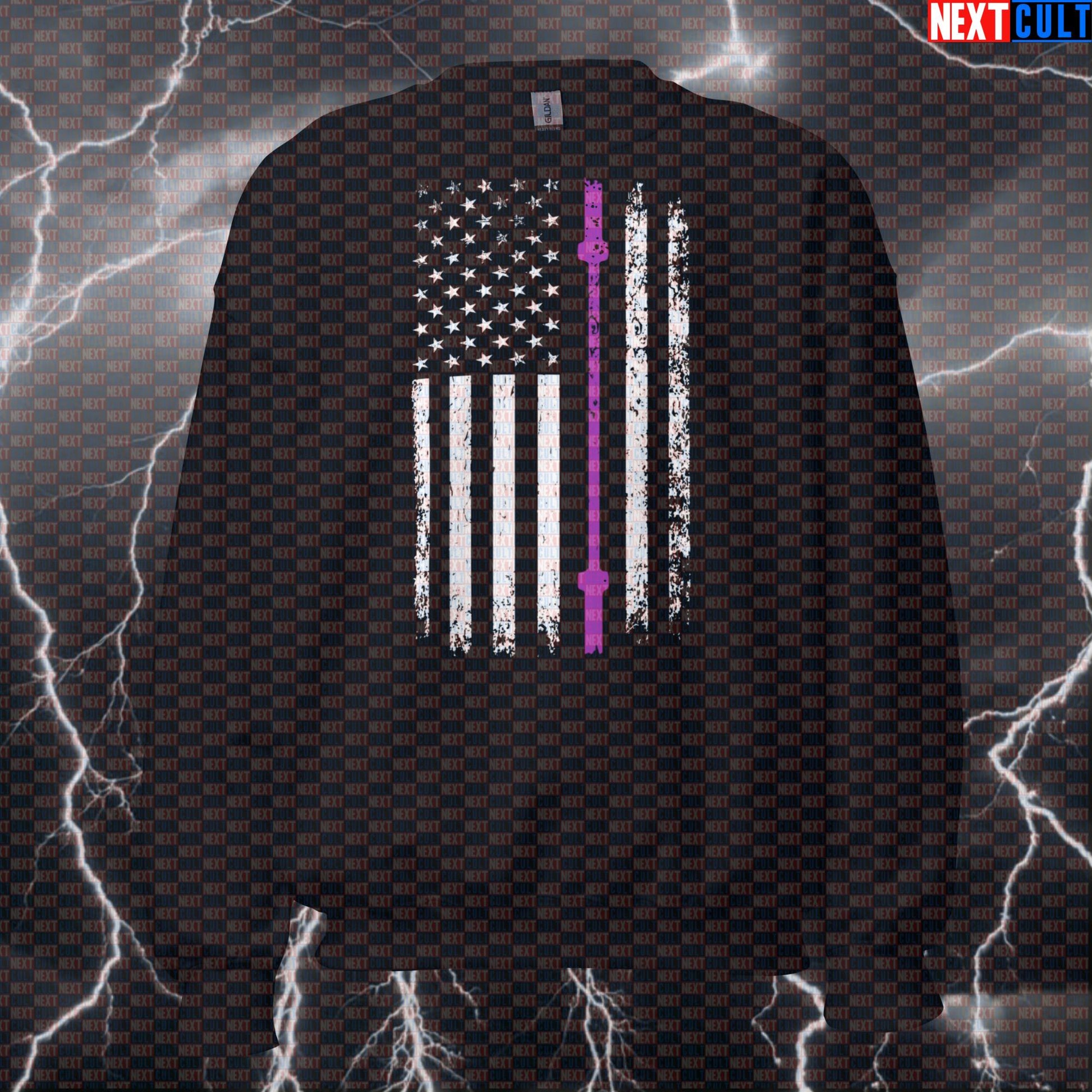 Thin Purple Line Lifter Flag Crewneck Sweatshirt | Patriotic Gym Sweater for Dispatchers Sweatshirts 4th of July Fitness Gym Powerlifting Pump Cover Workout Next Cult Brand