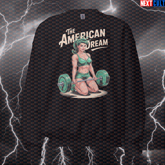 American Dream Funny Patriotic Gym Sweatshirt - 4th of July Statue of Liberty Meme Pullover Pump Cover 4th of July Fitness Gym Leg Day Pump Cover Statue of Liberty Workout Next Cult Brand