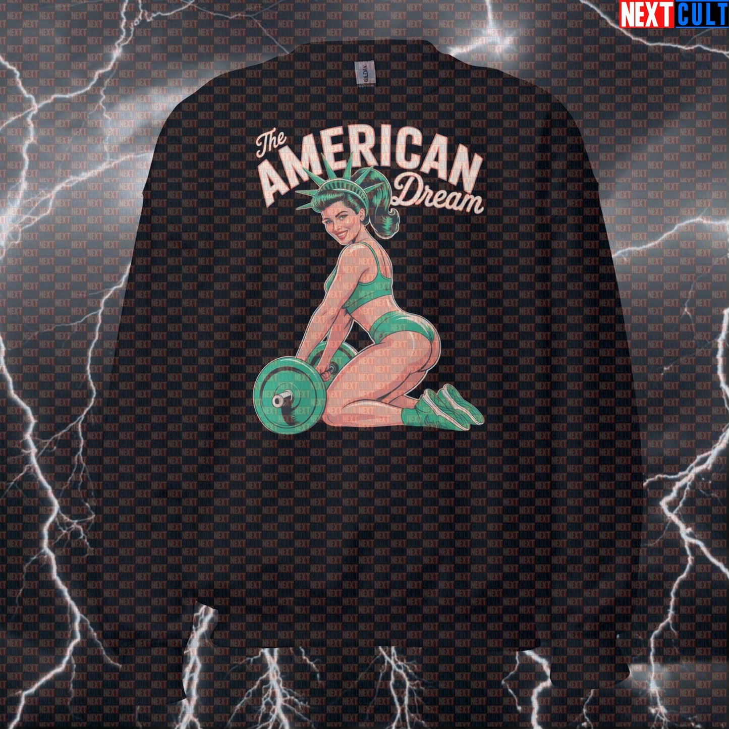 American Dream Lady Funny Gym Sweatshirt - 4th of July Patriotic Statue of Liberty Workout Pullover Jumper 4th of July Fitness Gym Leg Day Pump Cover Statue of Liberty Workout Next Cult Brand